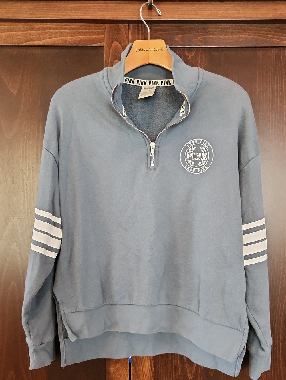 PINK Victoria's Secret Dusty Blue Half-Zip Pullover with White Stripes